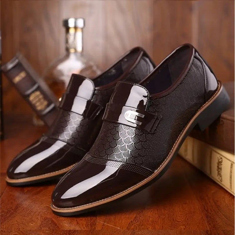 Warm high top black PU leather vulcanized shoe featuring a burgundy patent leather slip-on with white glossy toe cap and silver buckle.
