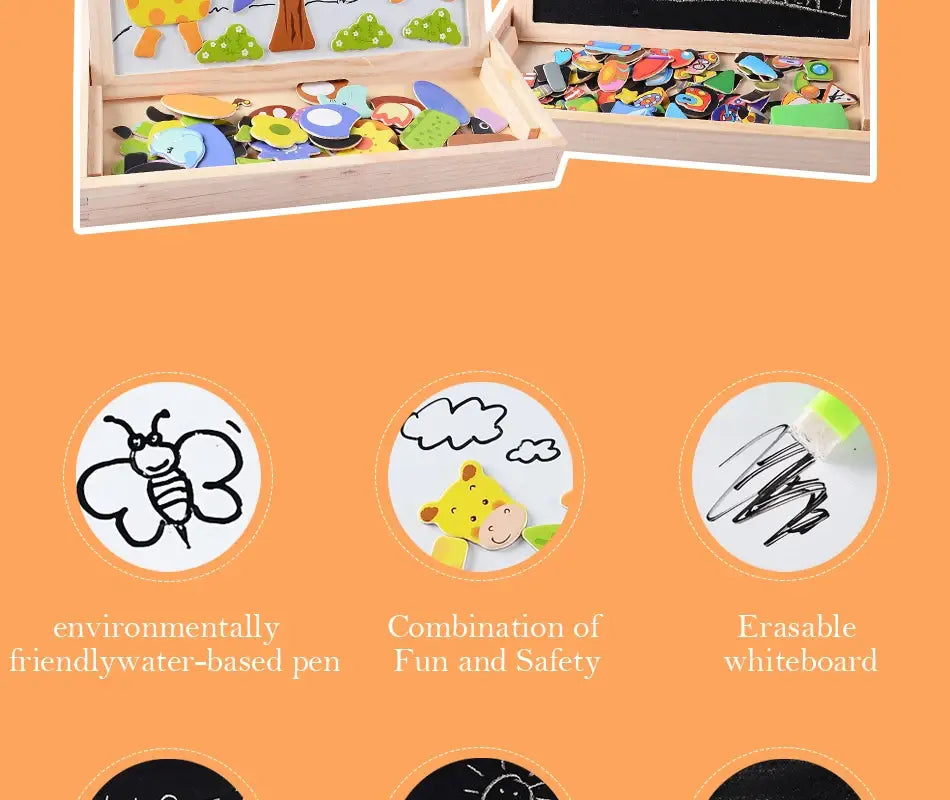 子ども向けの木製マグネットパズルお絵かきボード。木製の箱に、カラフルなマグネットの動物および自然をテーマにしたパズルピースを収めています。