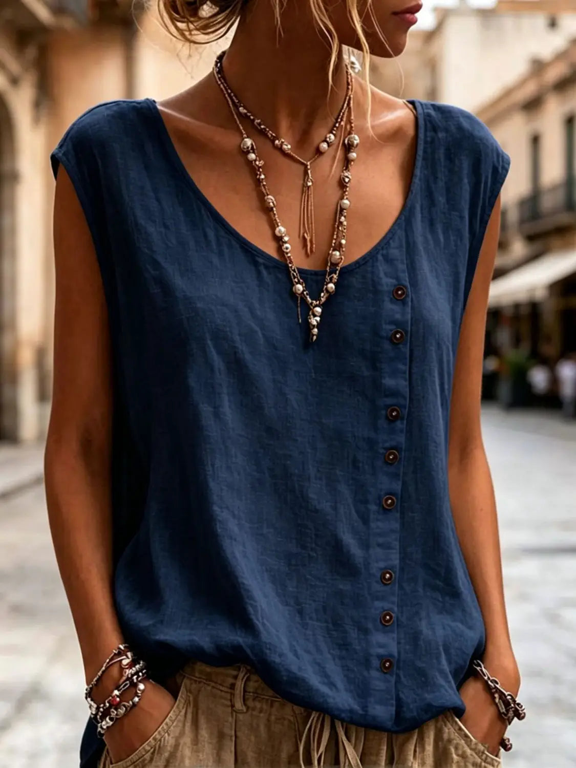 Deep blue sleeveless vest with a relaxed fit v-neckline and front button closure suitable for casual wear.