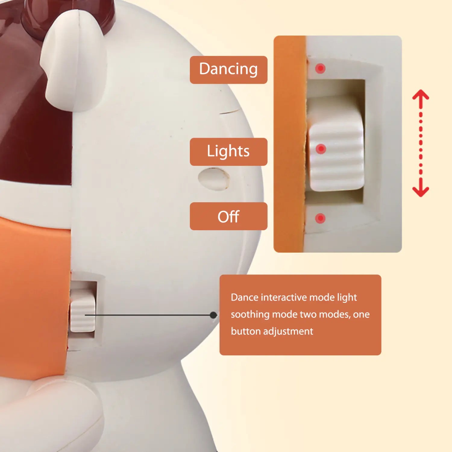 white and orange robotic toy with red accents featuring a switch labeled dancing lights and off for interactive light modes in the dancing cow musical robot toy