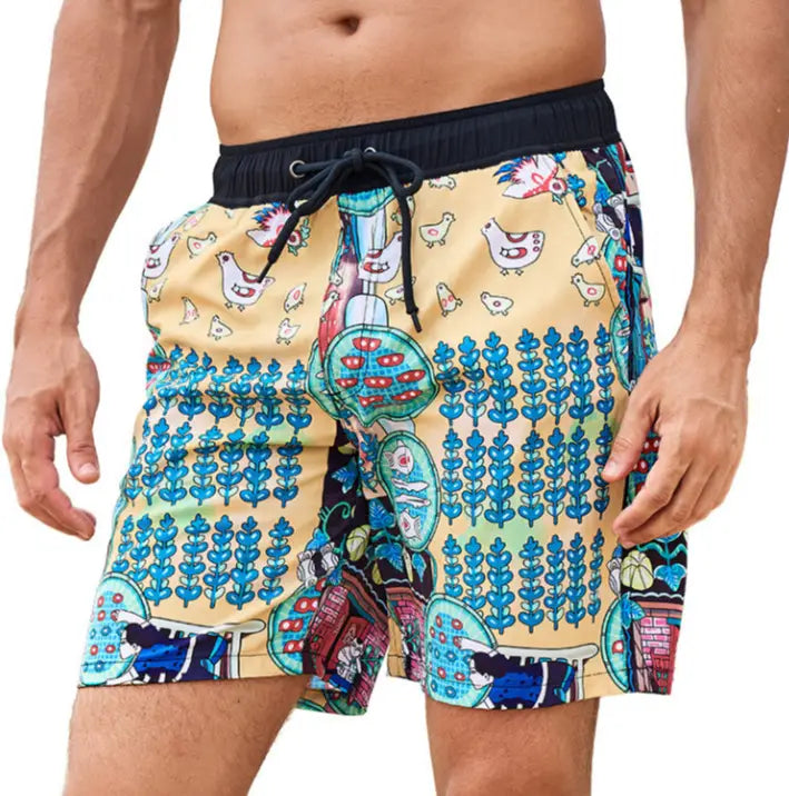 men’s geometric print double layer beach shorts in beige swim trunk fabric with vibrant cartoon-style farm print featuring chickens plants and houses in blue green red and black.