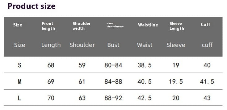 the product size chart for a backless short sleeve tie back cotton blouse displays measurements for sizes s, m, and l including front length, shoulder width, chest circumference, waistline, sleeve length, and cuff.
