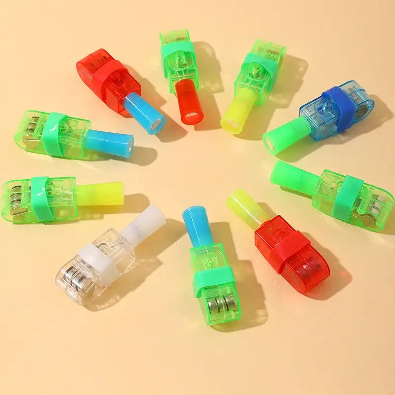 colorful translucent plastic led light caps with vibrant red green blue and yellow accents for cartoon finger projection lamp luminous toy 10 pack