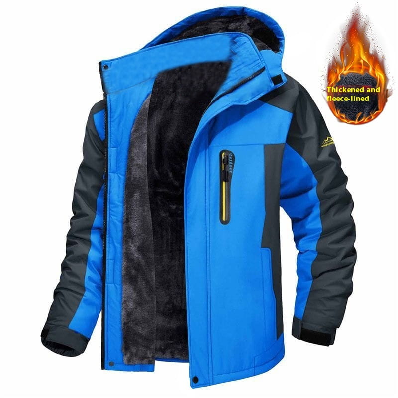 Men’s mid length insulated winter jacket in blue and black with fleece lining designed for warmth and comfort.
