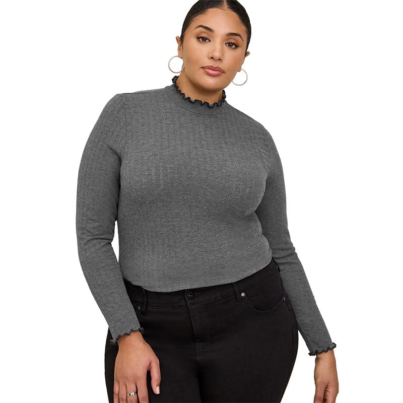 Gray long-sleeved women’s ruffled ribbed knit slim fit mock neck top with textured fabric and black ruffled trim at the neckline and cuffs.
