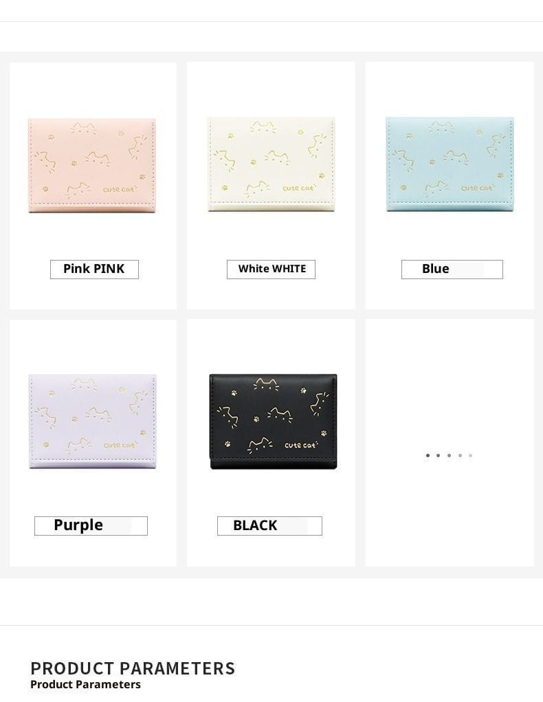 Women’s small cat print folding leather wallet in pastel colors with unicorn-themed gold foil detailing and a soft leather-like finish.