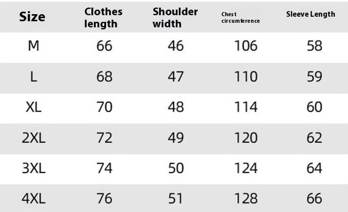 The table displays size measurements including clothes length shoulder width chest circumference and sleeve length for the men casual polo bomber jacket across sizes M to 4XL.