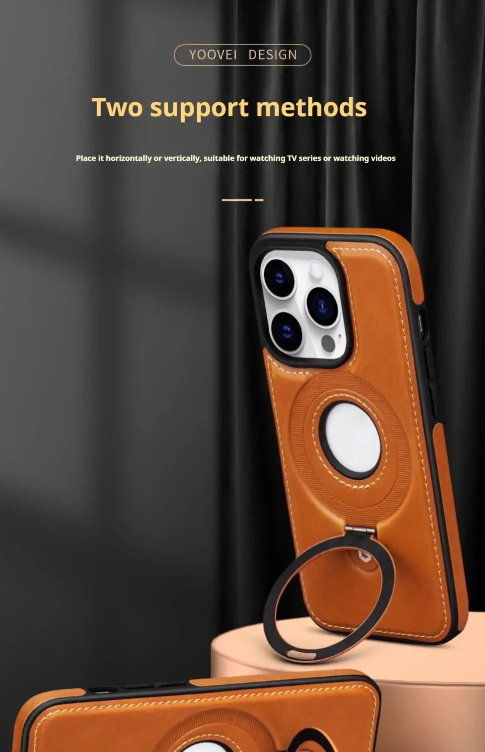Back side of an iPhone 16 Pro Max magnetic leather case in tan leather with black trim and a circular ring holder stand.