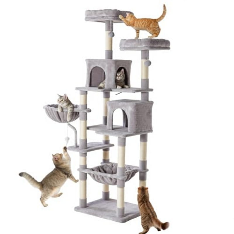 Gray 71 inch multi level cat tree tower with plush platforms, hammocks, and sisal scratching posts for feline climbing and resting.