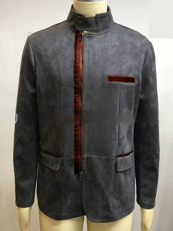 Men suede casual jacket with stand collar featuring dark gray suede material and contrasting burgundy zipper and matching trim on the pocket.