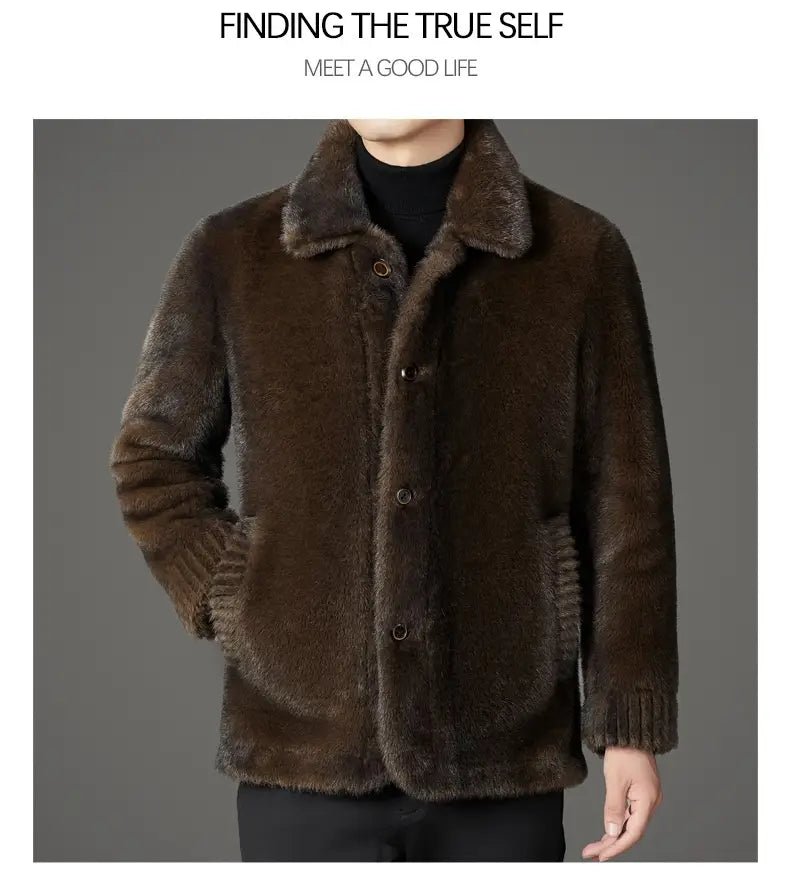 Brown faux fur winter coat for men with a plush collar and ribbed cuffs.