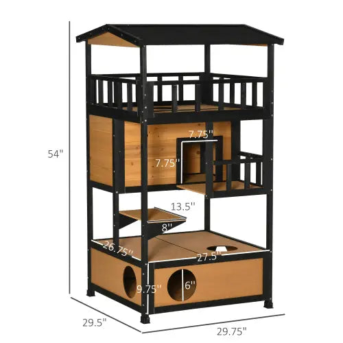Black and light brown wooden outdoor cat house featuring multiple levels, platforms, and enclosed spaces as a multi level shelter.