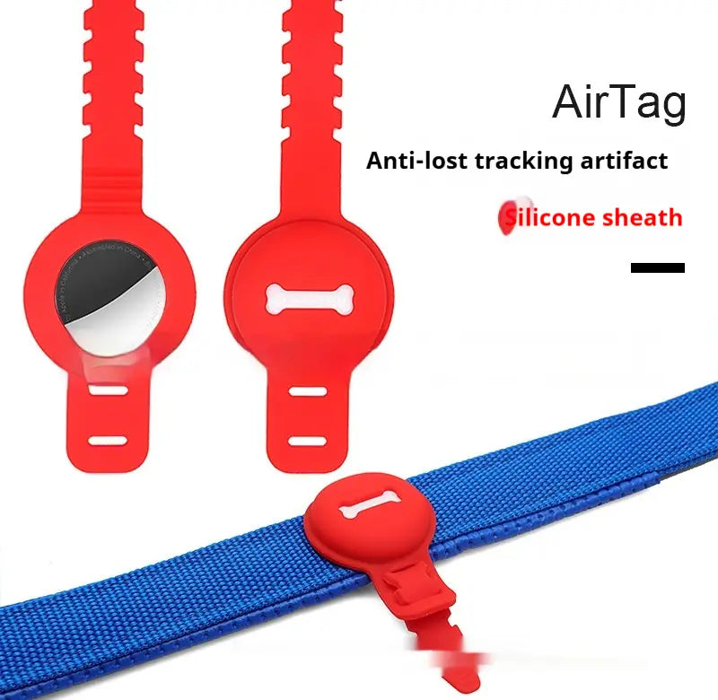 Red silicone pet collar tracker protective case for airtag featuring a bone-shaped design and clip-on attachment.