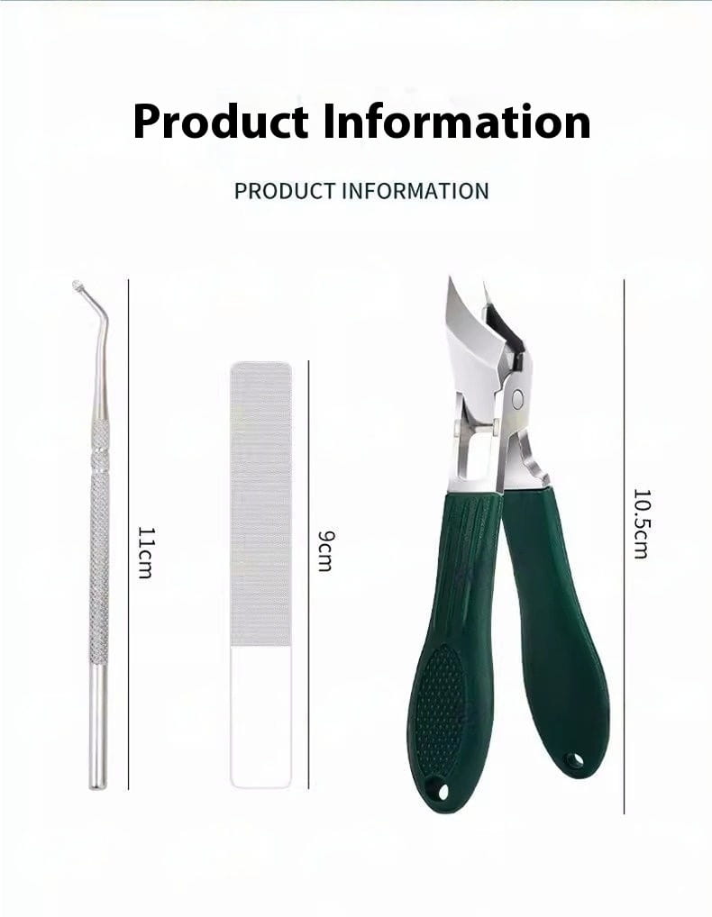 Bevel nail clipper with green handles and silver metal cutting blades from the 3 piece anti splash set.