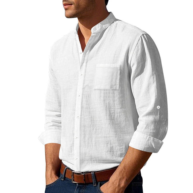 white linen button-down shirt with a collar and chest pocket featured as a men’s casual linen stand collar long sleeve shirt
