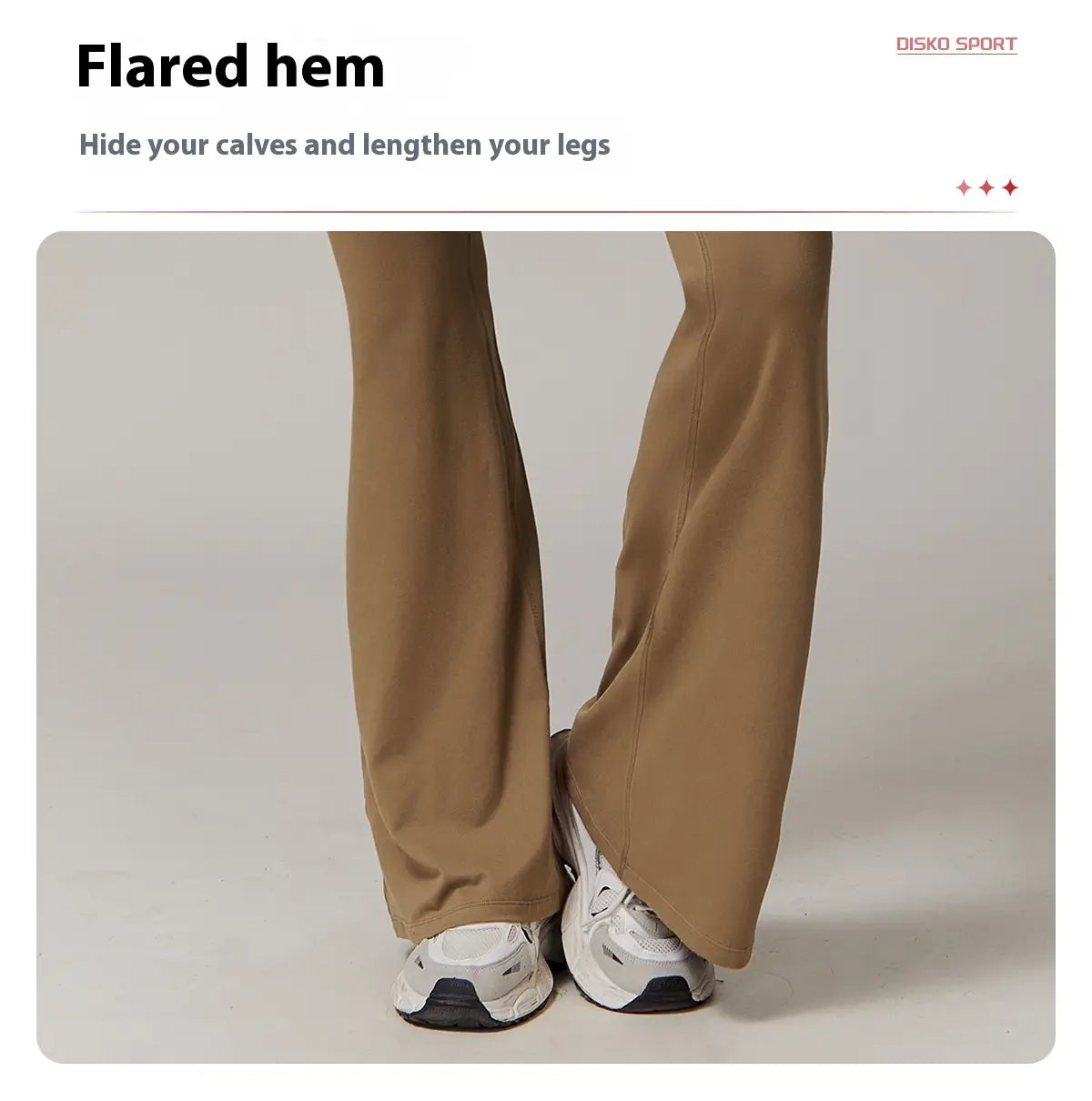 pantalones de yoga acampanados color arena con bajo acampanado de Disko Sport, confeccionados en tejido elástico cómodo.