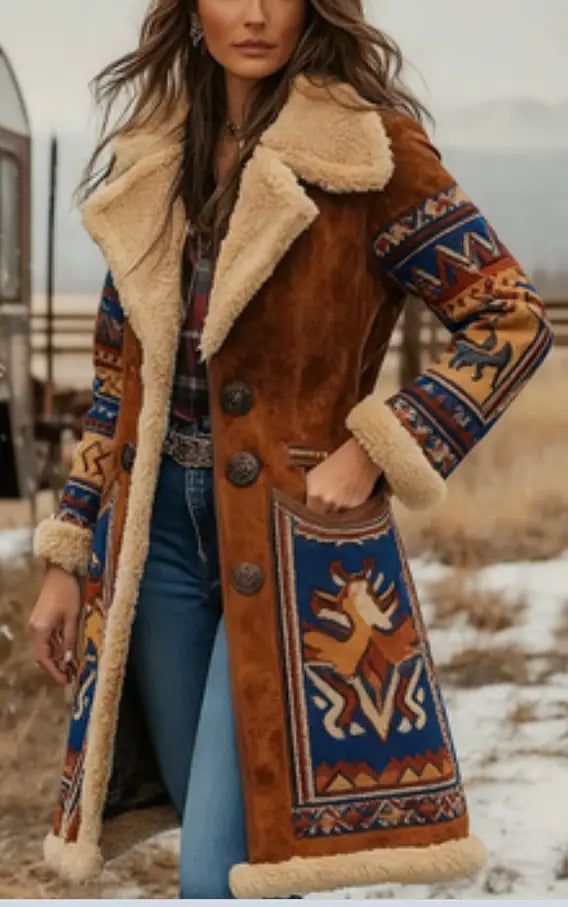 Brauner bestickter Woll-Lammfellmantel mit aufwendigen blau-orangen und beigen, tribal inspirierten Mustern an den Ärmeln und der Vorderseite.