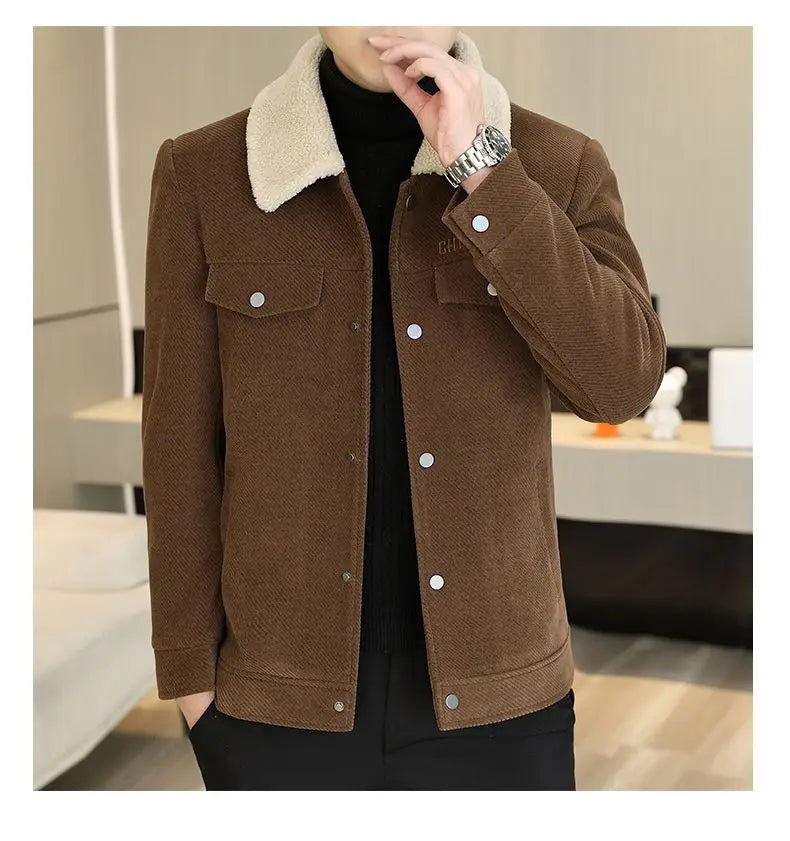 Veste en sergé côtelé doublée de peau retournée pour homme, de couleur marron, avec un col crème en peau retournée duveteux et des boutons blancs.
