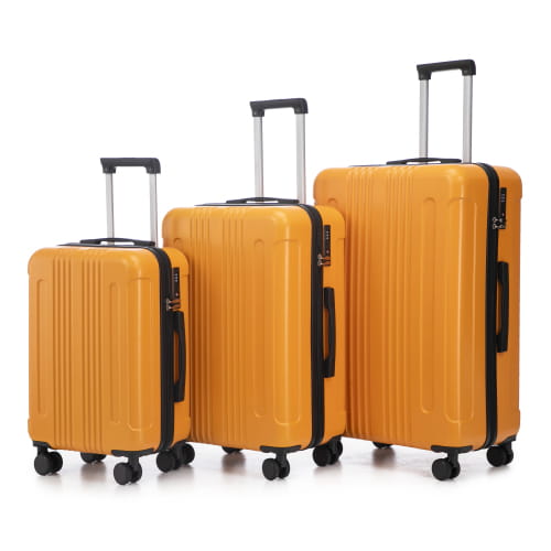 Set of three orange hard-shell abs spinner suitcases with black trim wheels and tsa lock in a 3 piece luggage set.
