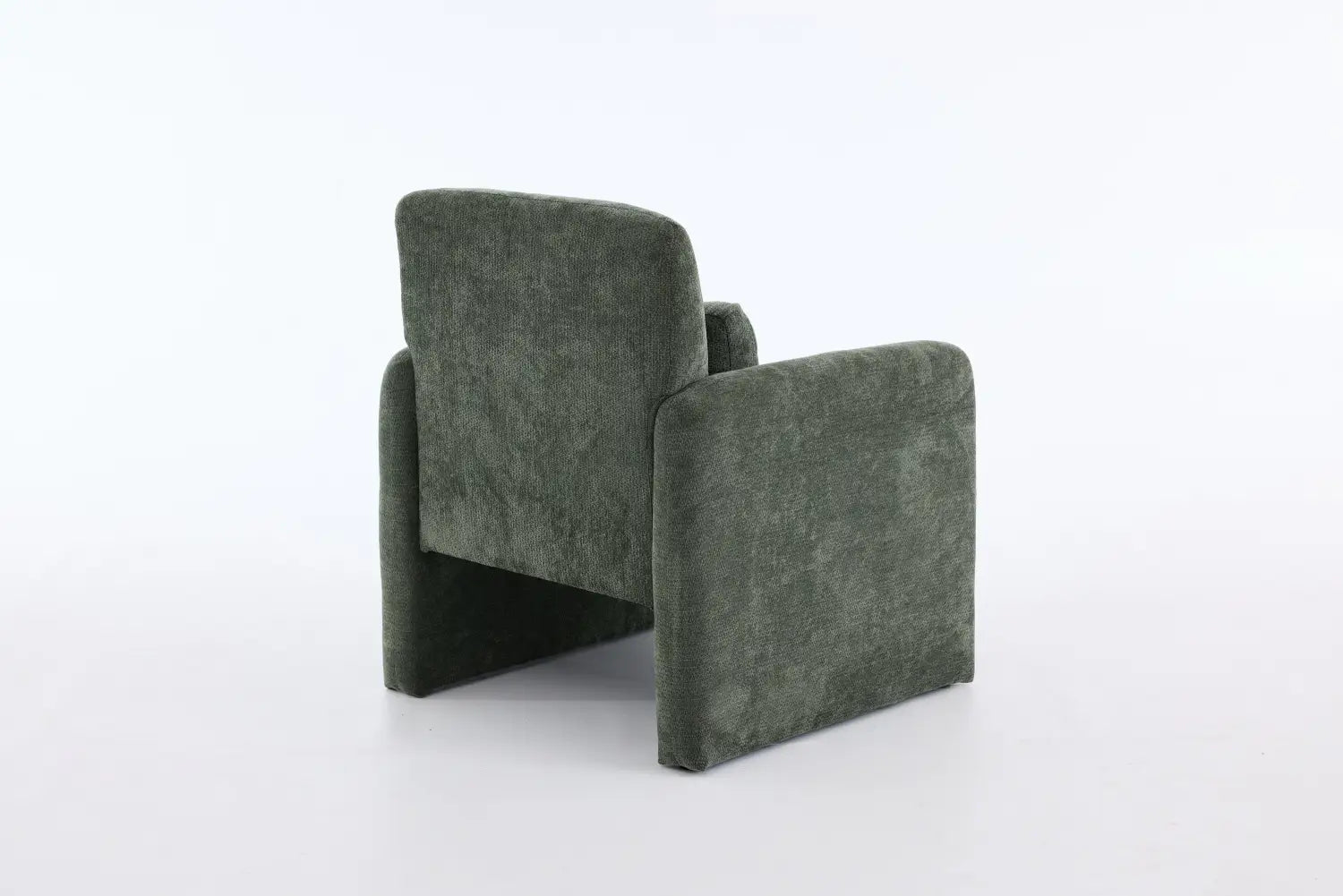 Dark green boucle fabric upholstered accent chair with a modern minimalist design.