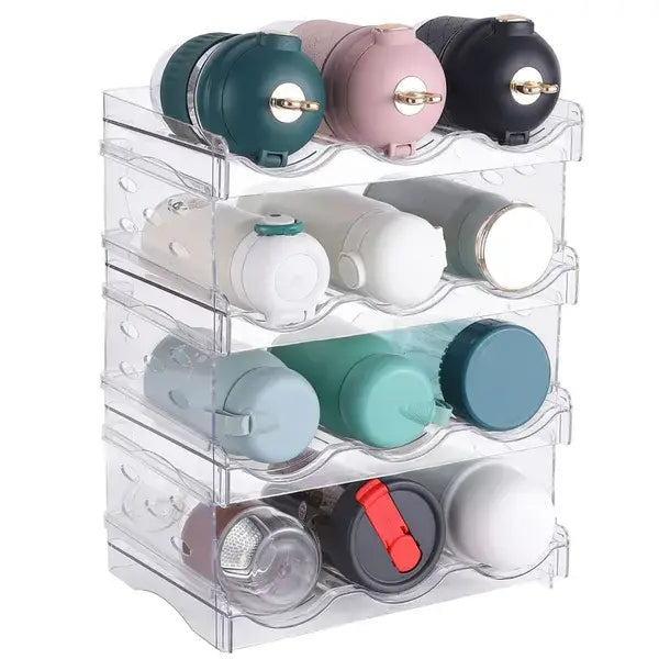 Clear acrylic stackable 12 bottle storage rack with four tiers holding assorted colored travel mugs for organized water bottle storage.