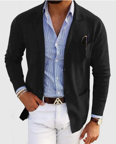 Men printed double button suit jacket in black with subtle texture worn over a blue and white striped button-down shirt