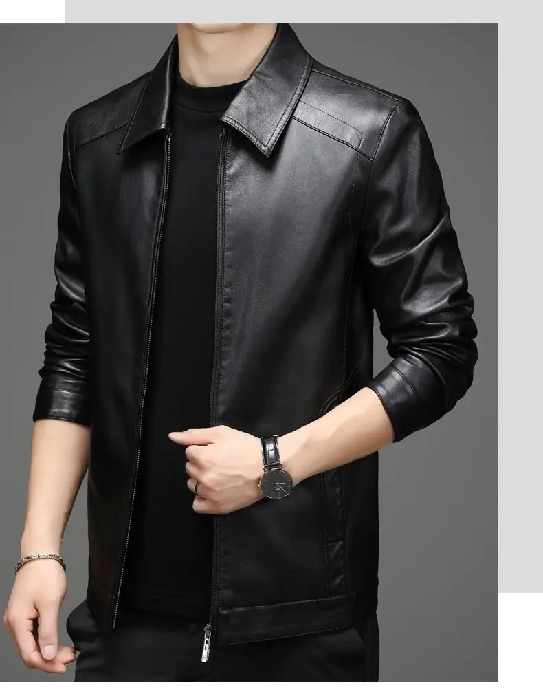 Black leather men’s sheepskin jacket with a classic collar and zipper front featuring thin fleece lining.
