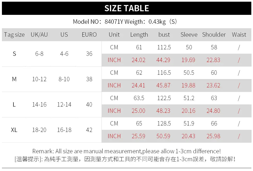 Size chart for a faux leather bomber jacket with ribbed cuffs showing women’s garment measurements in centimeters and inches from size small to extra large.