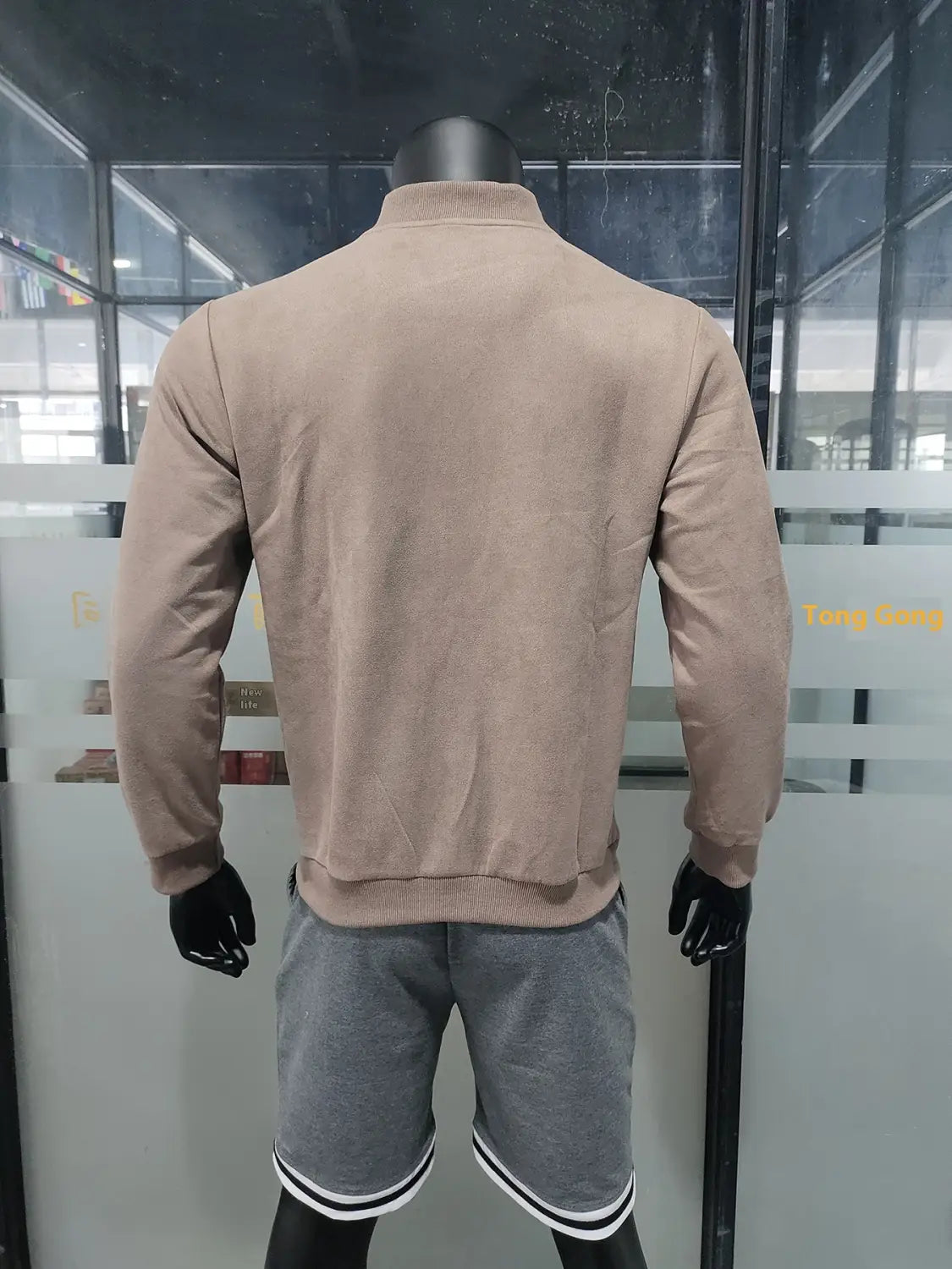 Beige cotton bomber jacket with ribbed cuffs and hem for men suede casual retro jacket.