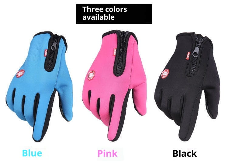 women’s winter cycling touchscreen gloves in blue pink and black waterproof material with zipper closures and a small red logo on the back side of each hand