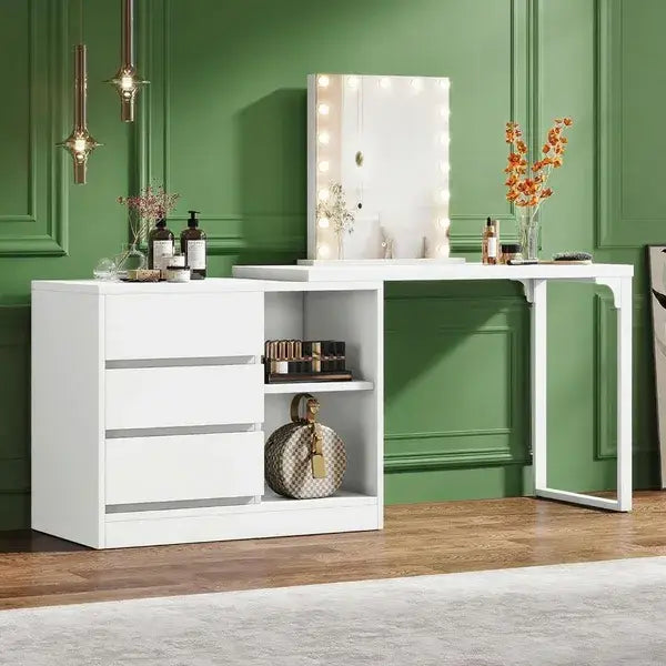 White modern l-shaped makeup vanity featuring a white finish with an illuminated mirror and open shelving for organized storage.