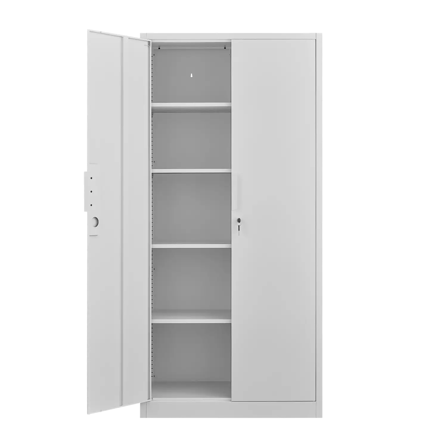 White metal steel file cabinet 70 inch with two lockable doors and four adjustable shelves for secure storage.