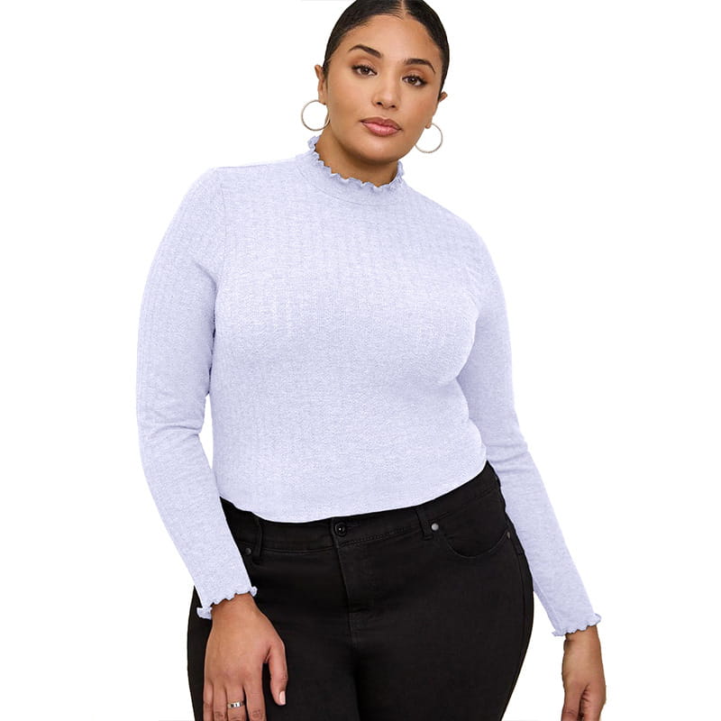 Light blue ribbed knit long-sleeve slim fit top with ruffled high neckline and cuffs for women.