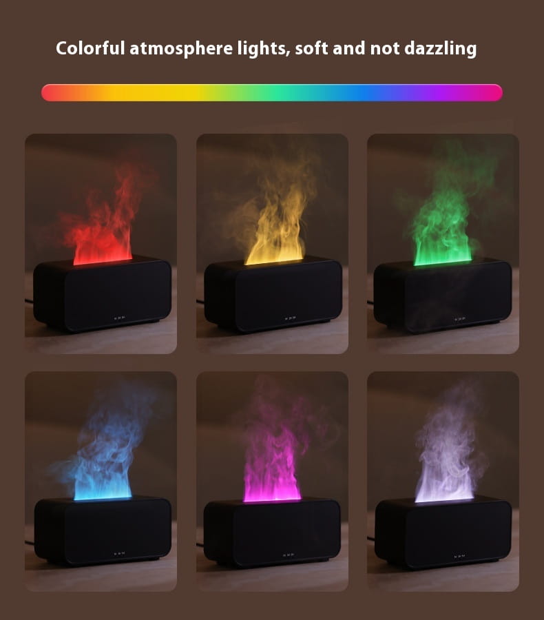 Black rectangular led flame effect lamp with colorful soft-glowing simulated flames in various hues featured in a flame diffuser humidifier with jellyfish mist effect.