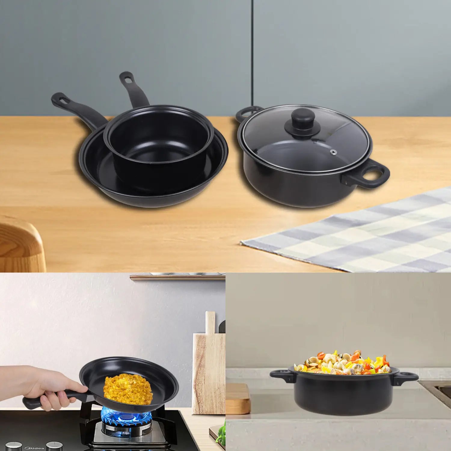 ガラス蓋付き13点ノンスティック調理器具セットの一部として使用されている、黒い取っ手のブラックノンスティックフライパンと、マッチングのガラス蓋（ガスコンロ上）。