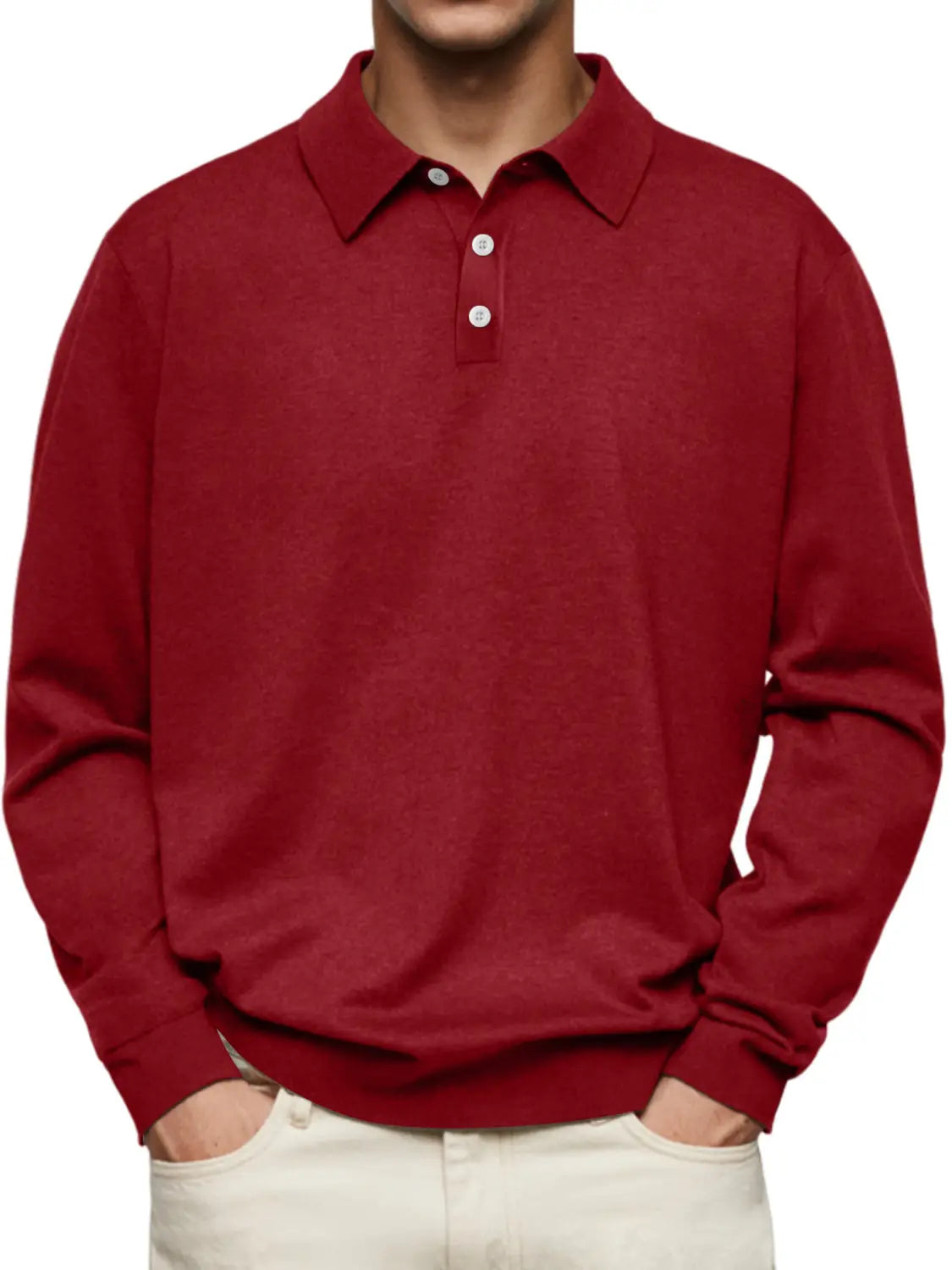 Men long sleeve v-neck button polo shirt in rich red with a classic collar and white buttons.