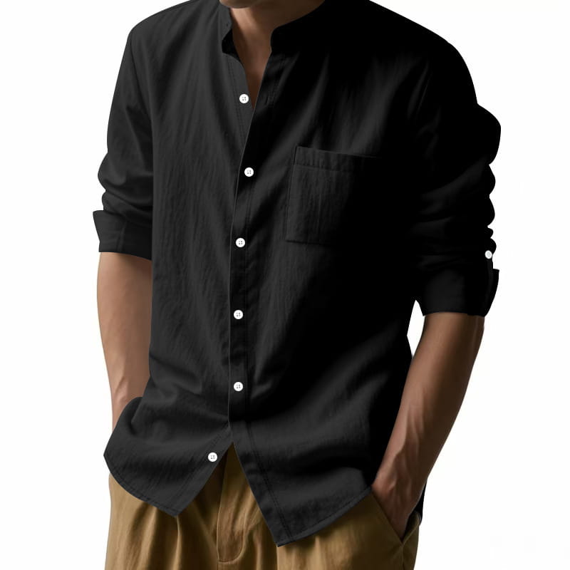men’s casual linen stand collar long sleeve shirt in black featuring a button-down front, rolled-up sleeves, and a chest pocket.