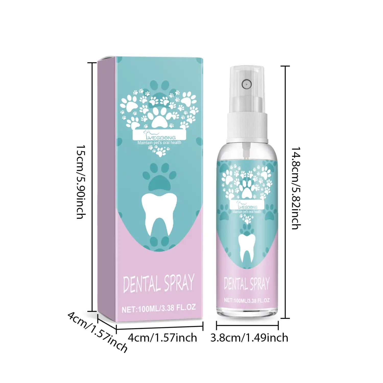 Un vaporisateur transparent doté d’une pompe blanche et d’une étiquette rose violacé, avec des motifs d’empreintes de patte et un design de dent, contient 100 ml de spray dentaire pour animaux de compagnie pour l’hygiène bucco-dentaire et le rafraîchissement de l’haleine.