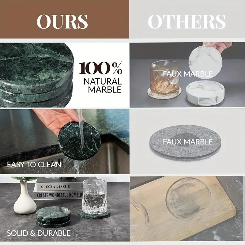 dark green circular coasters made of 100 percent natural marble in a set of four round stone pads