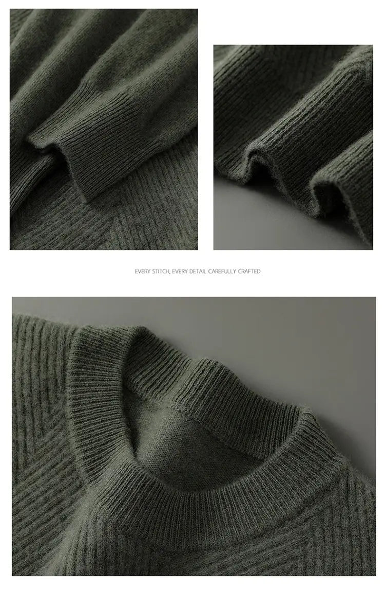 Men’s olive green ribbed knit cashmere pullover sweater with a classic crew neck and herringbone pattern.