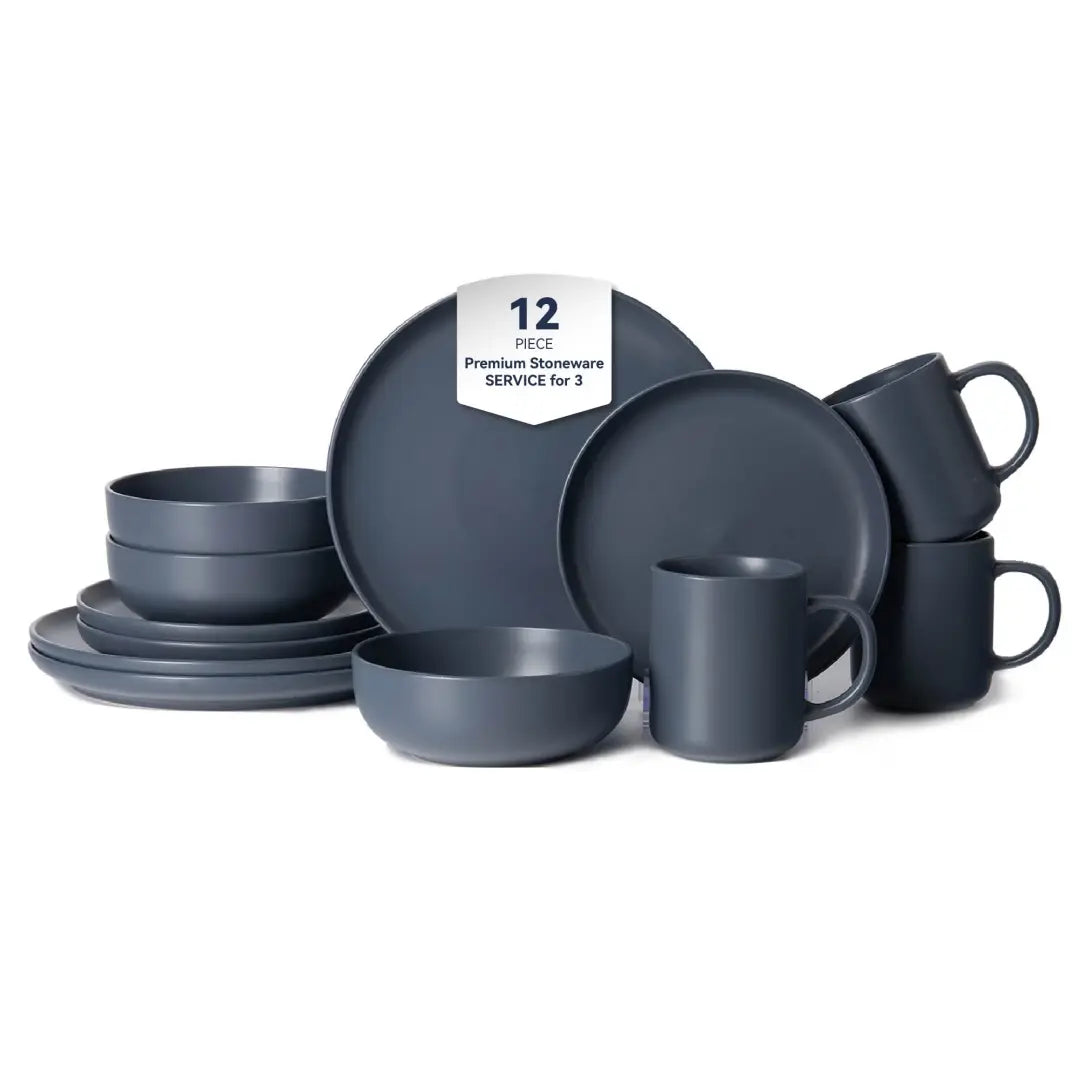 Dark gray stoneware 12-piece dinnerware set with minimalist design and matte glaze finish designed for service for 3.