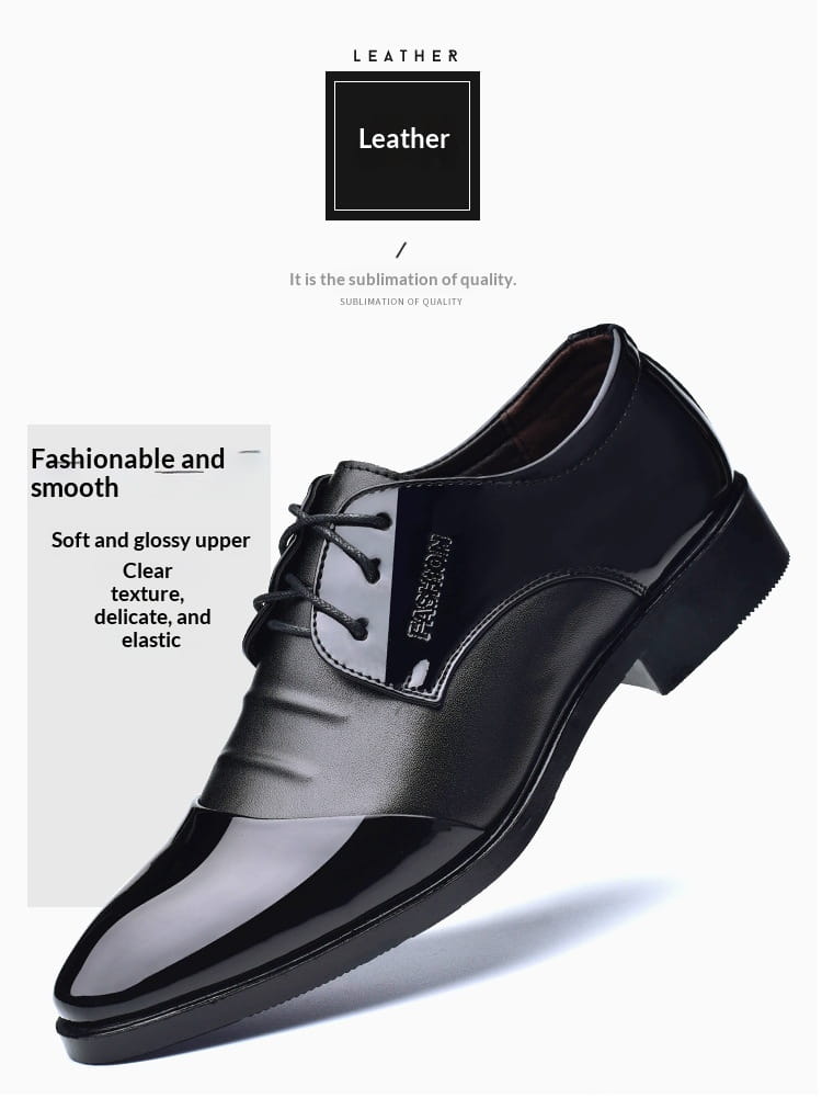 Herrenschuh Oxford aus schwarzem Lackleder mit glanzvoller Oberfläche und dezentem Branding an der Seite, mit spitzer Kappe im britischen Stil.