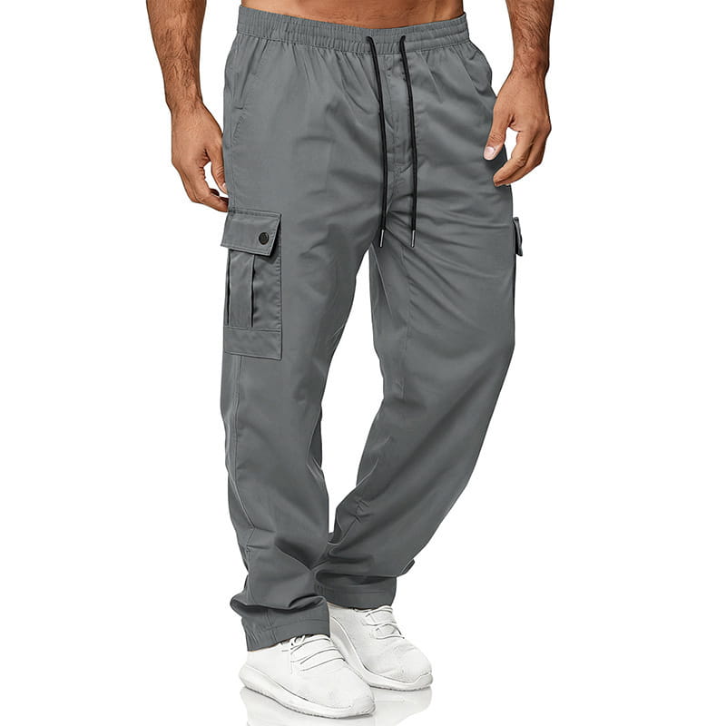 Mens straight leg gray cargo work pants featuring multiple pockets and a drawstring waistband for functional durability.