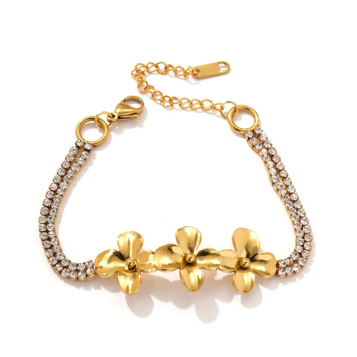18k gold plated crystal flower double strand bracelet with gold-toned chain featuring three central floral charms and double rows of sparkling rhinestones.
