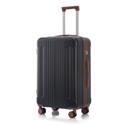 Black hard-shell abs spinner suitcase with vertical ribbed design brown leather accents on handle and zipper pulls and four spinner wheels included in a 3 piece abs spinner luggage set with tsa lock.