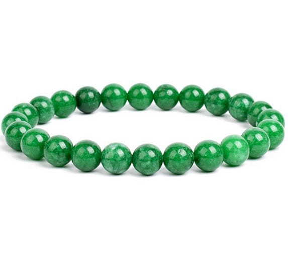 A vibrant green jade bead bracelet with smooth polished spheres arranged in a circular pattern featured in a unisex 8mm polished agate and amethyst stretch bracelet.