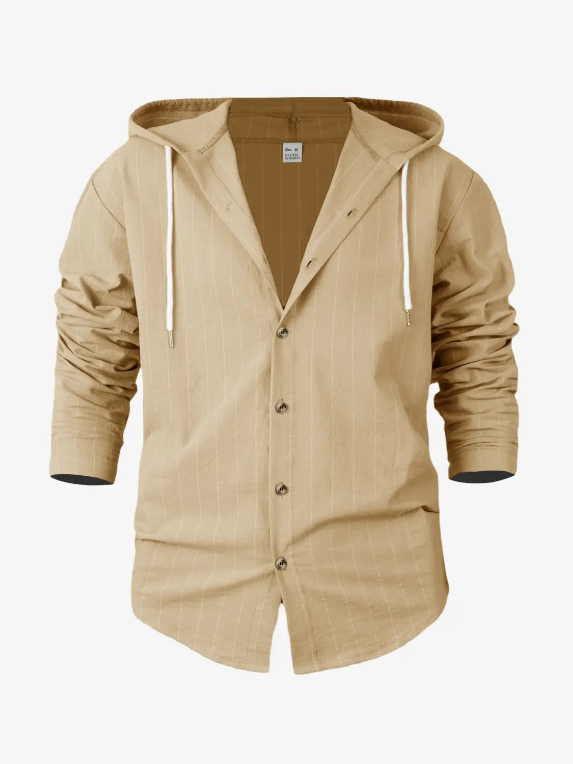 Beiges Nadelstreifen-Kapuzen-Leinenhemd für Herren, Slim Fit, mit weißen Kordeln im Button-up-Design.