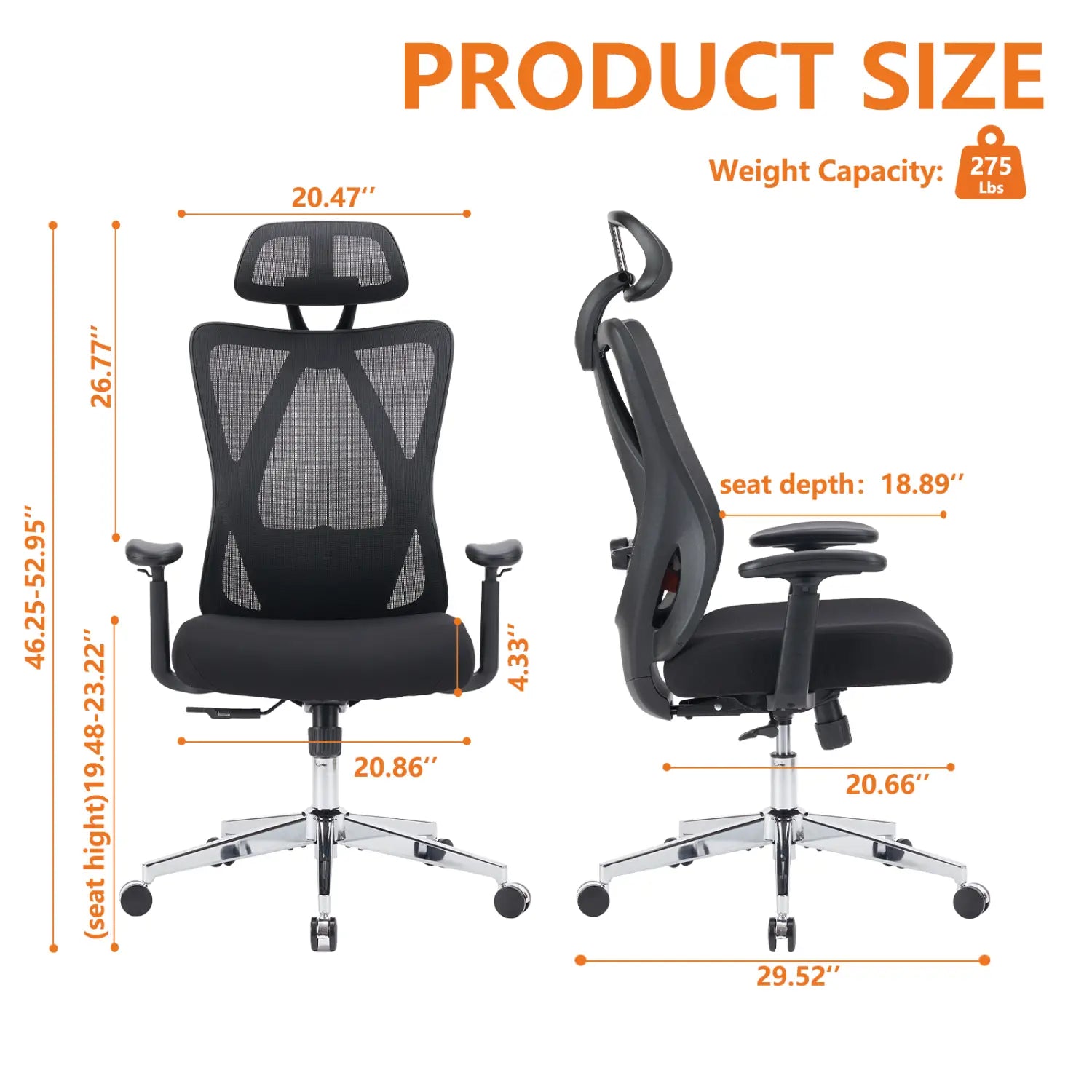 Black ergonomic mesh office chair with adjustable headrest, mesh back, padded seat, five-star base, and adjustable armrests.