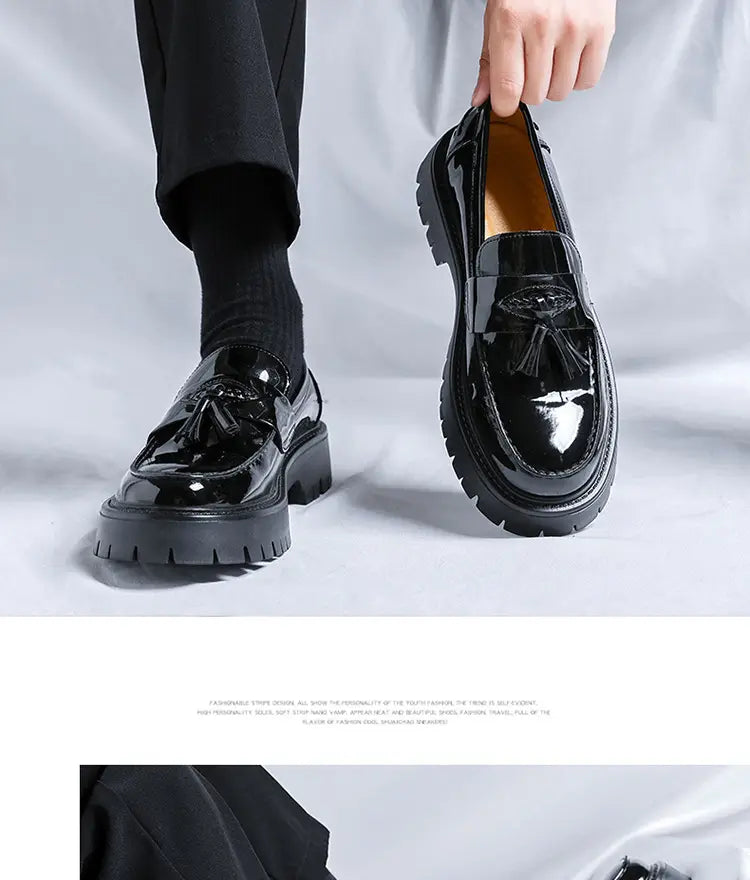 men’s black patent leather tassel loafer with chunky textured sole suitable for formal and casual wear