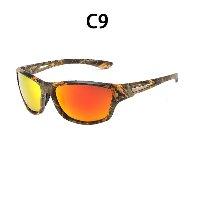 Polarisierte ovale Tarnung Herren-Sportsonnenbrille mit gradientorangefarbenen und gelb verspiegelten Gläsern, ausgelegt für Outdoor-Aktivitäten.